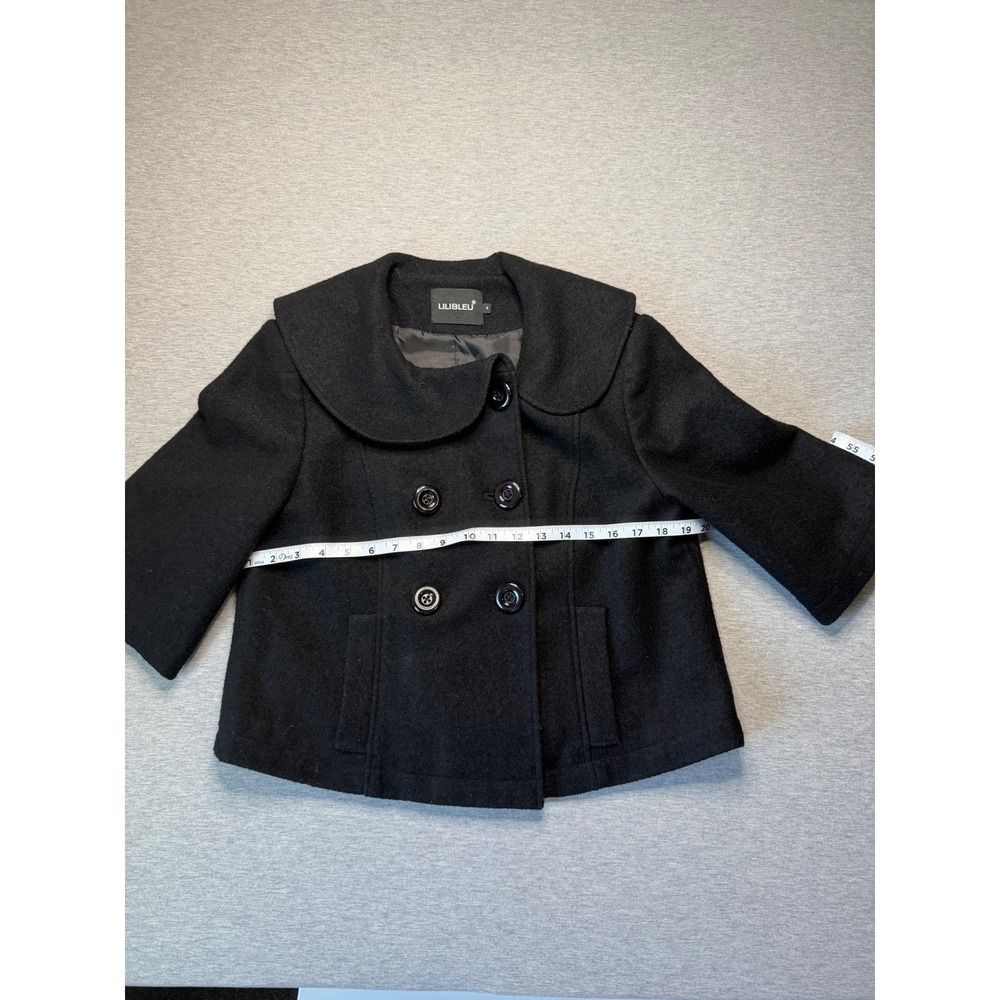 LILIBLEU Black Wool Blend Cropped Pea Coat Peter Pan Collar Double Breasted S - Picture 2 of 9